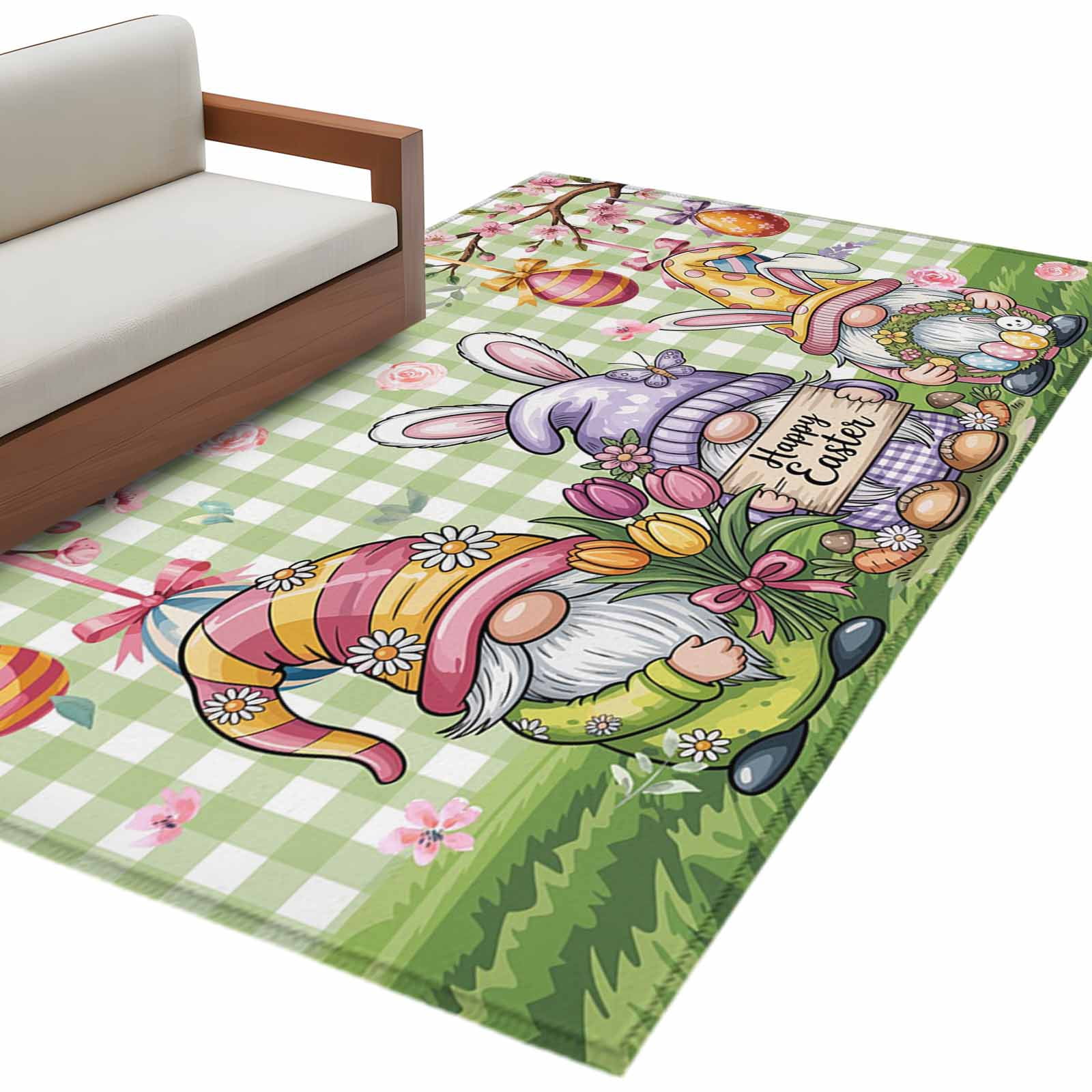 Easter Decor Rug Easter Gnomes Washable Area Rug 3 x 5 ft Spring Watercolor Eggs Floral ...