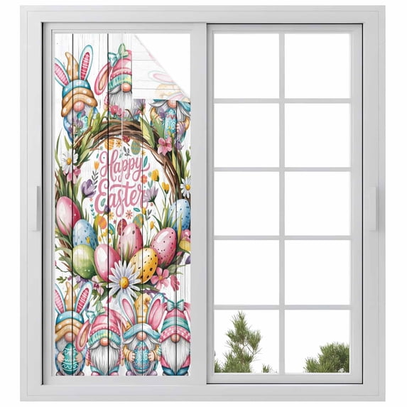 Easter Gnomes Window Privacy Film, Pink Blue Eggs Spring Flowers Branches Wooden Static Cling UV Sun Blocking Heat Control Window Tint Day and Night, Non-Adhesive One Way Privacy Cover 23.6''x59''