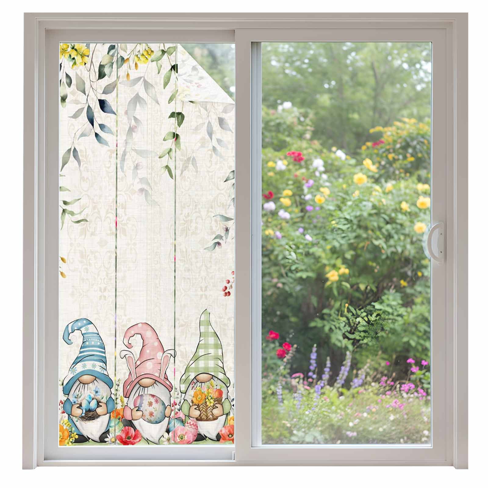 Easter Gnomes Window Privacy Film, Spring Floral Leaf Botanical Gnomes Colorful Egg Linen Texture Frosted Glass Window Clings Static Cling Heat Blocking Reusable Sticker for Bedroom 35.4x78.7 Inch