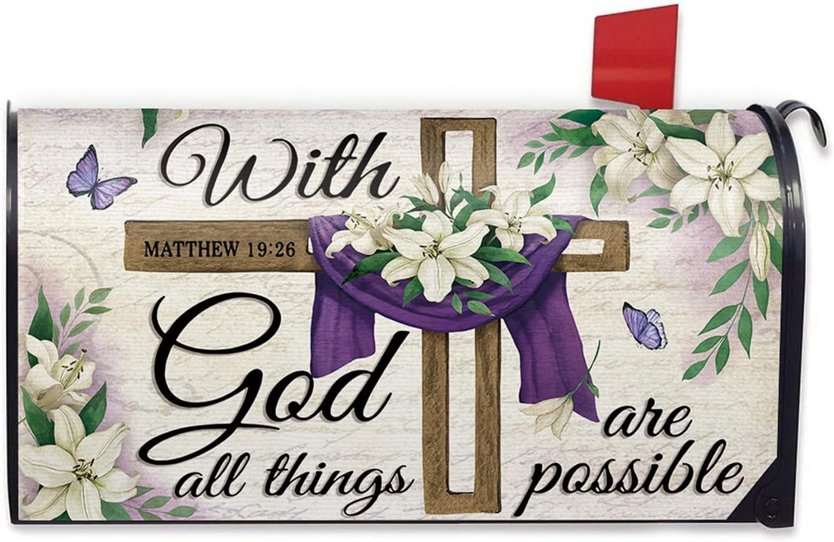 Easter with God All Things are Possible Mailbox Cover Magnetic Standard Size 21"x19", Religious Cross Decorative Post Letter Box Wrap Decor, Spring Summer Lily Garden Yard Outdoor Decoration