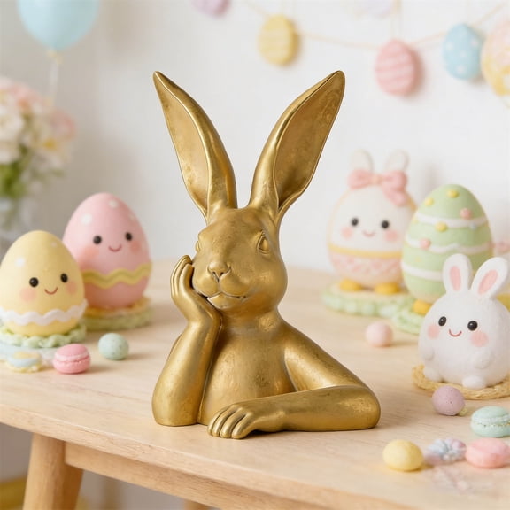 Easter Gold Bunny Statue,Vintage Resin Rabbit Head Bust Sculpture,Thinking Bunnies Head Decor for Table Centerpiece,Indoor Spring Mantel Easter Decor,Gifts