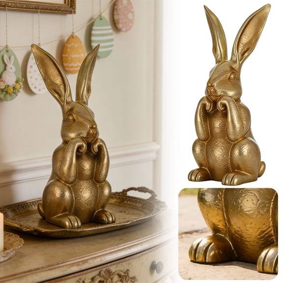 Easter Gold Bunny Table Decor, Easter Thinking Bunny Figurine, Elegant Gold Rabbit Figurine, 3D Printed Easter Bunny Decor for Spring Living Room Shelf Mantel Decor, 6.1*11.8 inch