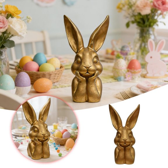 Easter Gold Resin Bunny Table Decor, Easter Thinking Bunny Figurine for Home Table Centerpieces Golden Cute Rabbit Statue for Spring Living Room