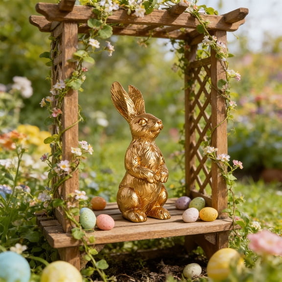 Easter Golden Bunny Resin Figurines Metallic Gold Rabbit Set Tabletop Garden Decoration Easter Egg Holiday Spring Centerpiece Shelf Mantel Porch Window Home Party Decor Gift