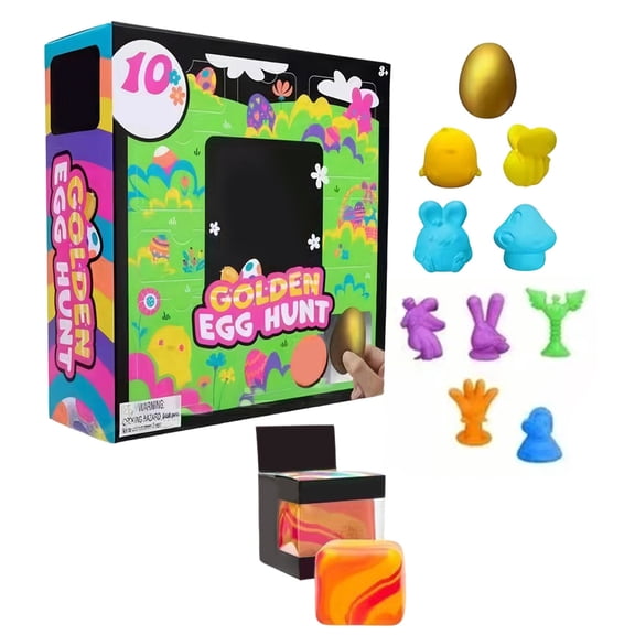 Easter Golden Egg Hunt Fidget Toy Blind Box, 10 Soft Squishy Surprises with Limited-Edition Golden Egg, Easter Gifts for Boys Girls, Basket Fillers, Egg Hunt Prizes and Sensory Calming Toys