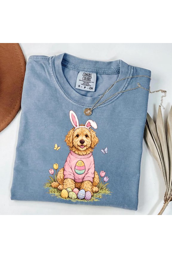 Easter Goldendoodle Bunny Shirt, Dog with Bunny Ears and Eggs Graphic Tee, Spring Dog Lover Gift Comfort Colors Unisex Cotton T-Shirt, Size S-3XL