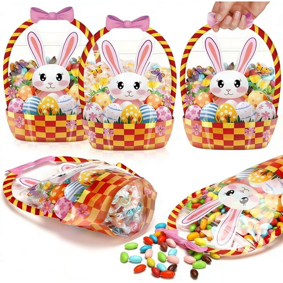 Easter Goodie Bags Plastic Candy Gift Bags with Handle, Bunny Chick Pattern Transparent Treat Bags, For Goodies, Party Favors, Transparent Cellophane Wrap (10pcs,Rabbit Flower Basket)