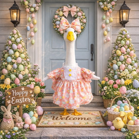 Easter Goose Outfit for 23-Inch Lawn Goose Statue – Garden Patio Porch Decor Set with Hat and Clothes, Spring Orange Costume for Outdoor Yard Holiday Decoration Display