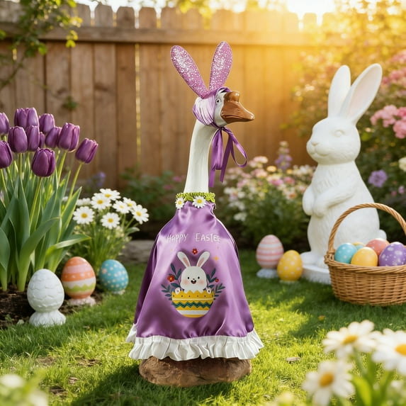 Easter Goose Outfit Set with Purple Dress & Hat for 23 Inch Garden Geese Statue, Patio Porch Spring Outdoor Decoration