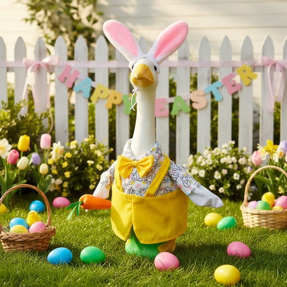 Easter Goose Outfit for 23 Inch Cement Goose, Yellow Bunny Clothes with Hat, Bow Tie and Carrot, Porch Goose Clothes for Concrete Goose Statue