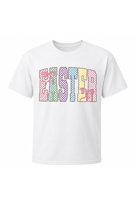 Easter Graphic T-Shirt, Pastel Checker Letter Spring Tee, Unisex Classic Fit