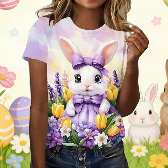 Easter Graphic T-Shirt for Women Cute Bunny and Butterfly Meadow Scene Crewneck Short Sleeve Relaxed Fit Soft Fabric Festive Holiday Gift Top