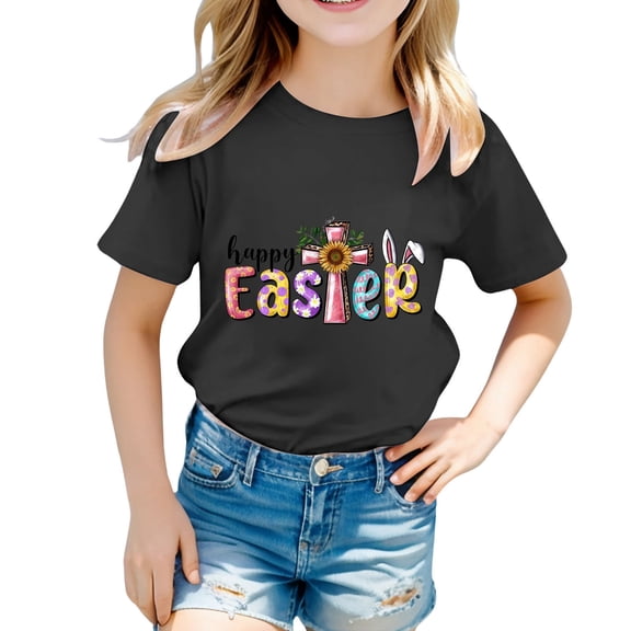 Easter Graphic Tee for Girls Cute Round Neck Short Sleeve Casual Summer T-Shirt Top Size:1-2 Years