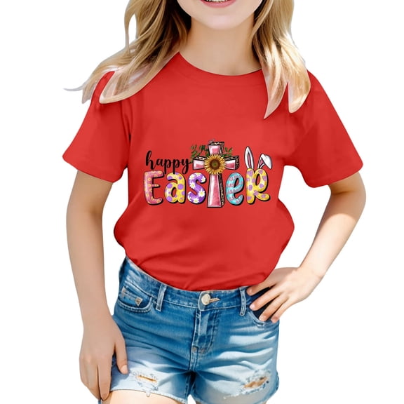 Easter Graphic Tee for Girls Cute Round Neck Short Sleeve Casual Summer T-Shirt Top Size:4-5 Years