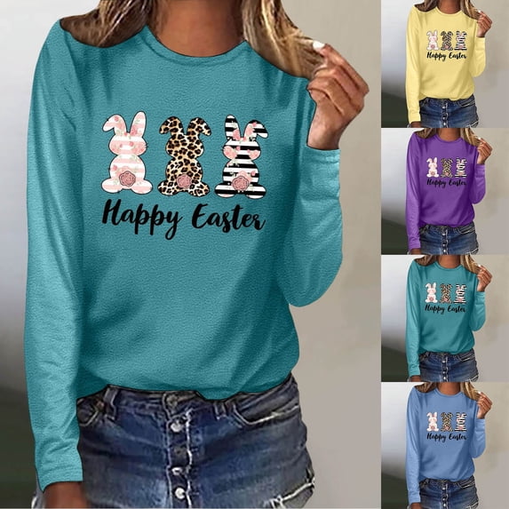 Easter Graphic Tee for Women Casual Long Sleeve T Shirt Holiday Print Lightweight Top Yellow S