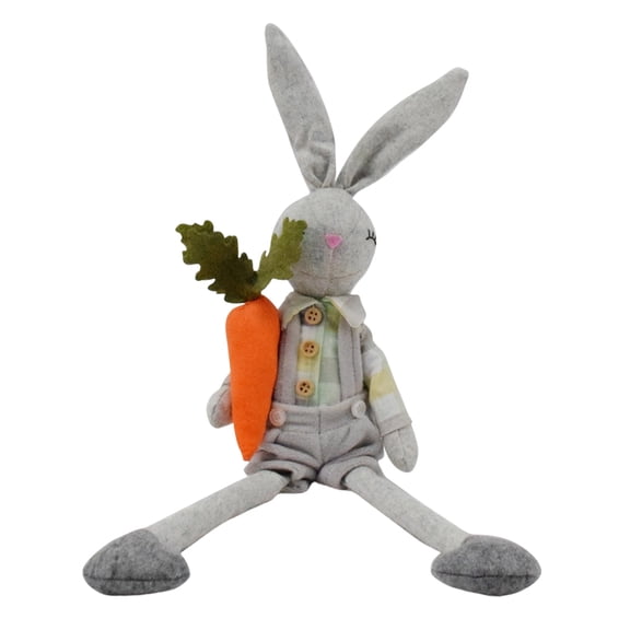 Easter Gray Plush Rabbit Stuffed Toy with Carrot Accent Overalls Design Huggable Soft Bunny Doll Festive Easter Home Decor Kids Bedtime Snuggle Toy for Easter Gift