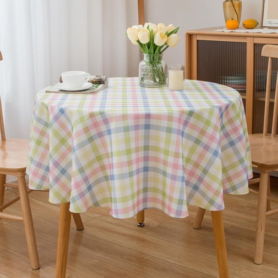 Easter Green Gingham Spring Tablecloth Round 60 Inch - Pink Green Blue White Pastel Checkered Plaid 60" Table Cloth Polyester Table Cover Reusable Water Resistant for Spring Valentine Holiday Décor