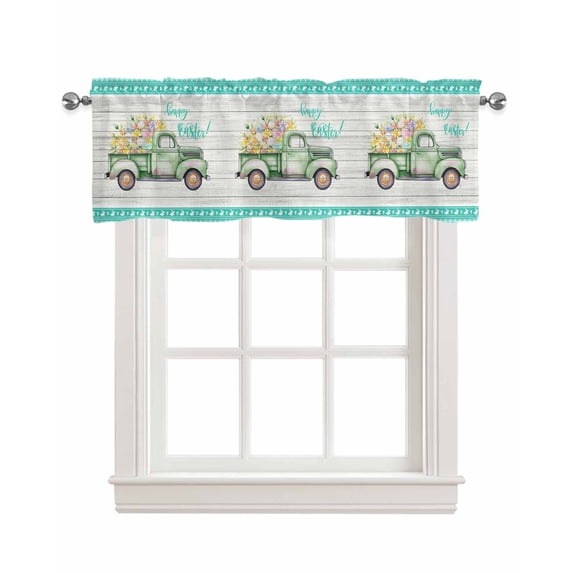 Easter Green Truck Linen Curtain Valance for Bedroom/Bathroom/Kitchen/Office/Living/Dining Room Windows,Farmhouse Eggs Tulip Wood Grain Rod Pocket Topper Drapes Decorative Cafe Drapery Panel 42x12