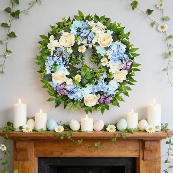 Easter Green White Floral Wreath, Plastic Eucalyptus Leaves Butterfly Wreath Spring Home Decor for Front Door
