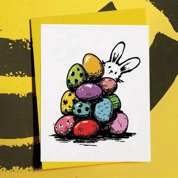 Easter Greeting Card, Whimsical Hand-Drawn Bunny Peeking Over a Stack of Colorful Patterned Eggs, Festive Spring Holiday Stationery for Family and Friends, Blank Note Card