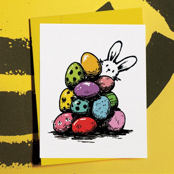 Easter Greeting Card, Whimsical Hand-Drawn Bunny Peeking Over a Stack of Colorful Patterned Eggs, Festive Spring Holiday Stationery for Family and Friends, Blank Note Card