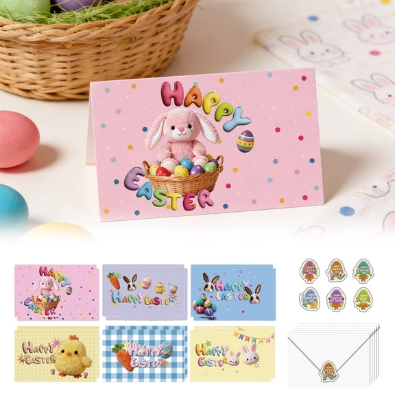 Easter Greeting Cards Of 6 With Envelopes & Stickers 7.5x5.9 Inch Blank Cards Bunny Egg Chick Design For Invitations Thank You Holiday Wishes Greeting Card Home Decor