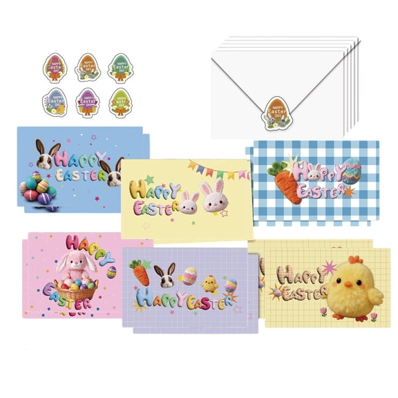 Easter Greeting Cards Of 6 With Envelopes & Stickers 7.5x5.9 Inch Blank Cards Bunny Egg Chick Design For Invitations Thank You Holiday Wishes Greeting Card