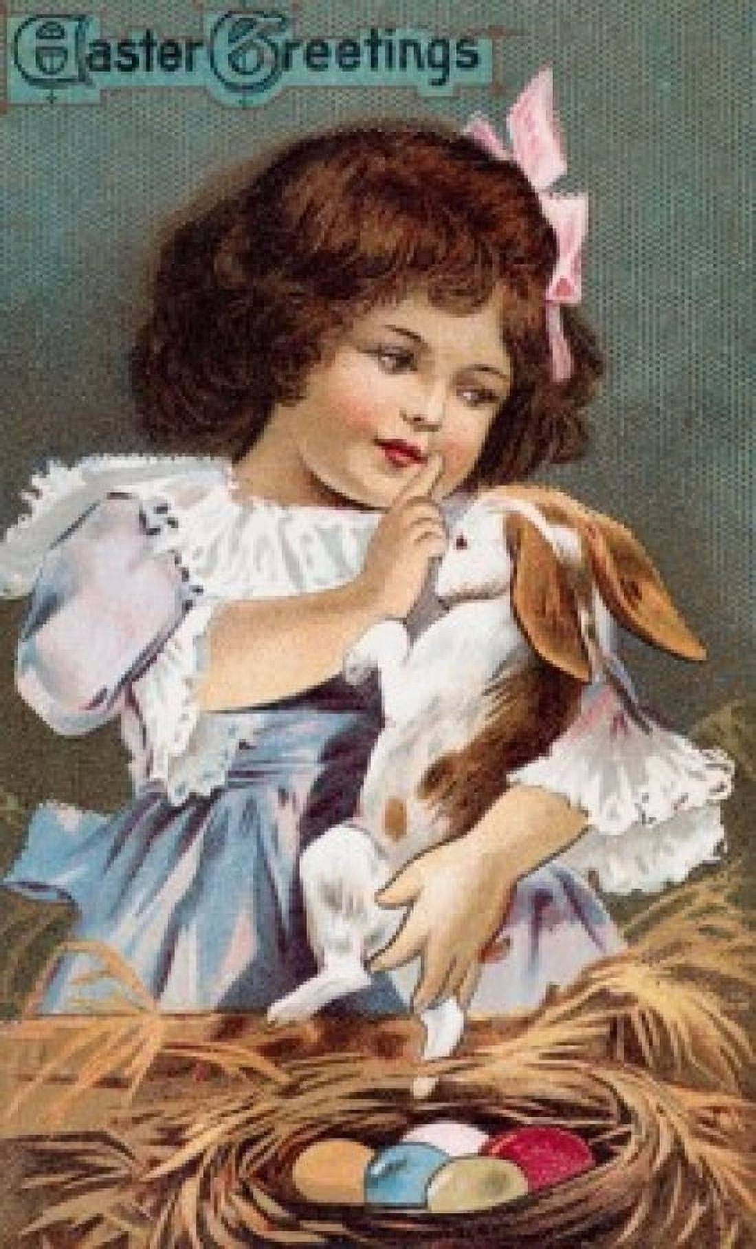 Easter Greetings Young Girl With Rabbit Nostalgia Cards Canvas Art - (24 x 36)