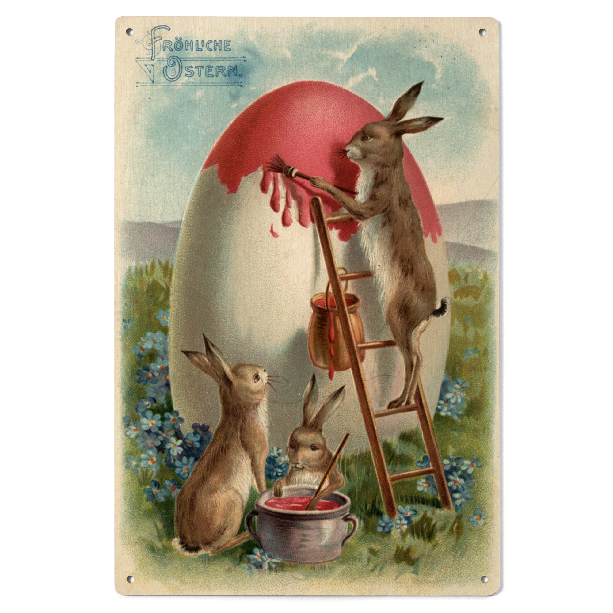 Easter Greetings in German, Rabbits Painting an Egg, Vintage Artwork ...