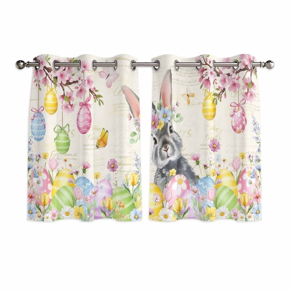Easter Grey Bunny Kitchen Curtains Window Panels, Spring Vintage Colorful Eggs Flower Insulated Window Treatment Curtain, Grommet Curtains for Bedroom/Living Room/Bathroom, 2 Piece 42"Wx54"L