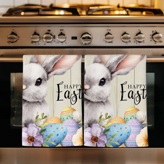 Easter Grey Bunny Kitchen Towels Set of 1, Spring Colorful Eggs Flower Wooden Grain Absorbent Dish Towels for Kitchen, Microfiber Hand Towel, Quick Drying Tea Towel for Cleaning Decorative Dishcloths