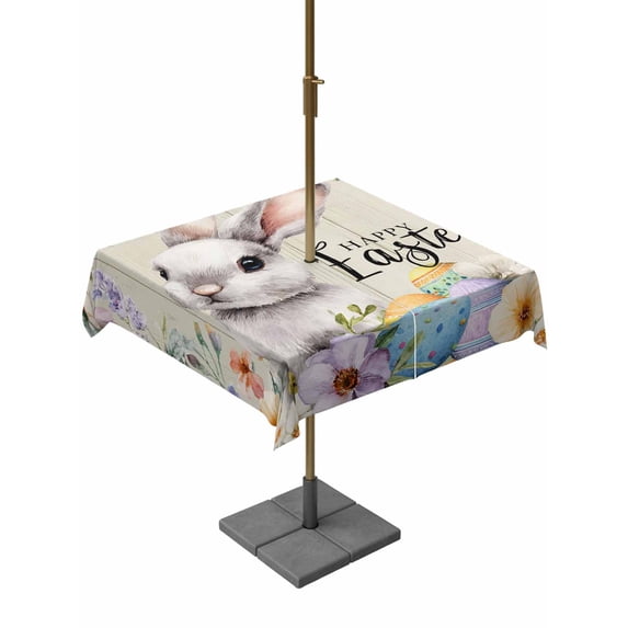 Easter Grey Bunny Outdoor Tablecloth - 60x60 Inch Square Dining Table Cover, Spring Colorful Eggs Flower Wooden Grain Waterproof Outdoor Table Cloth with Umbrella Hole & Zipper for Picnic/Patio/Party