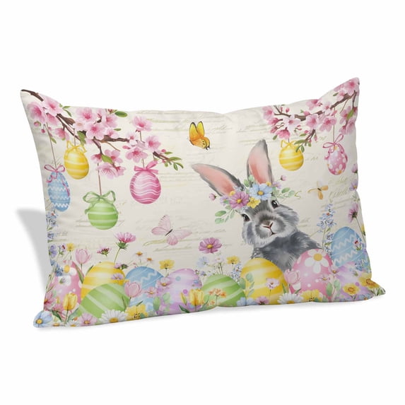 Easter Grey Bunny Pillow Covers, Linen Long Throw Pillow Case, Spring Vintage Colorful Eggs Flower Holiday Pillow Protector Decorative Cushion Cover for Living Room/Bedroom 20" x 26"
