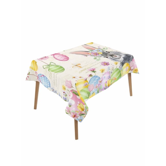 Easter Grey Bunny Rectangle Tablecloth, Spring Vintage Colorful Eggs Flower Waterproof & StainResistant Tablecloth, Washable Oil-proof Table Cover for Dining/Party/Wedding/Camping/Buffet 60x84 In