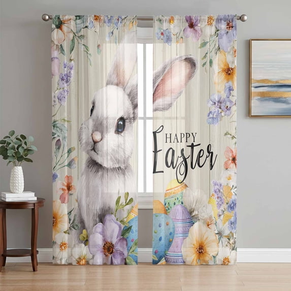 Easter Grey Bunny Sheer Curtains 63 Inch Length 2 Panels Set Window Treatments, Spring Colorful Eggs Flower Wooden Grain Rod Pocket Semi Curtains for Living Room/Bedroom/Kitchen Décor, 104"W x 63"L