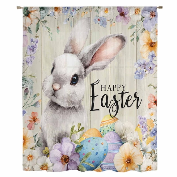 Easter Grey Bunny Sheer Curtains 63 Inches Long, Spring Colorful Eggs Flower Wooden Grain Light Filering Curtains, Breathable Simi Curtain Privacy Drapes for Living Room Bedroom Window Treatment