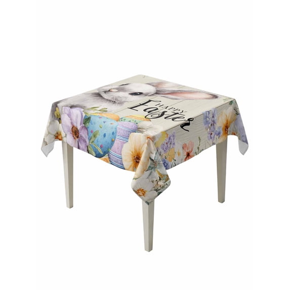 Easter Grey Bunny Suqare Tablecloth - 54 x 54 Inch, Spring Colorful Eggs Flower Wooden Grain Waterproof & StainResistant Tablecloth, Washable Oil-proof Table Cover for Dining/Party/Wedding/Buffet
