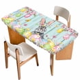 thumbnail image 1 of Easter Grey Bunny Table Cloths for 5 Foot Rectangle Tables, Spring Colorful Egg Flower Teal Wood Grain Patio Waterproof Elastic Fitted Tablecloths, Washable Rectangular Table Cover for Camping, 1 of 8