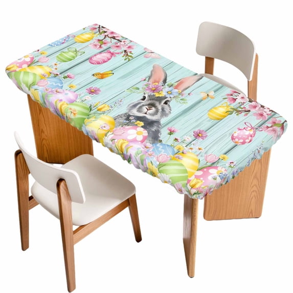 Easter Grey Bunny Table Cloths for 5 Foot Rectangle Tables, Spring Colorful Egg Flower Teal Wood Grain Patio Waterproof Elastic Fitted Tablecloths, Washable Rectangular Table Cover for Camping