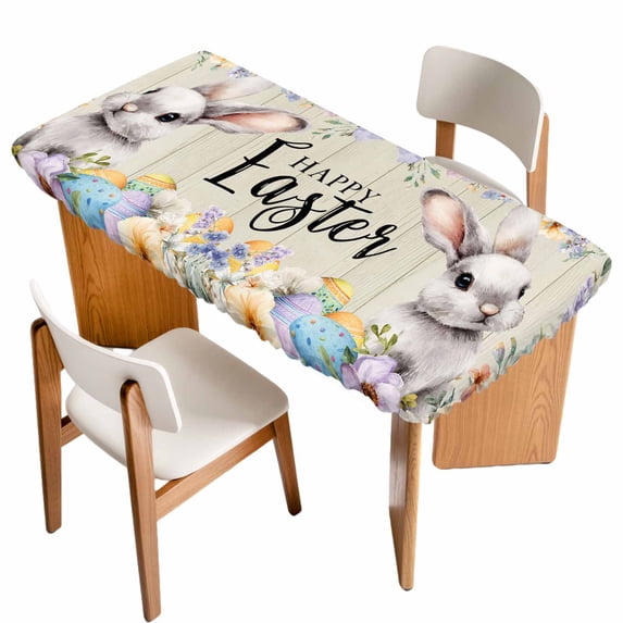 Easter Grey Bunny Table Cloths for 5 Foot Rectangle Tables, Spring Colorful Eggs Flower Wooden Grain Patio Waterproof Elastic Fitted Tablecloths, Washable Rectangular Table Cover for Camping