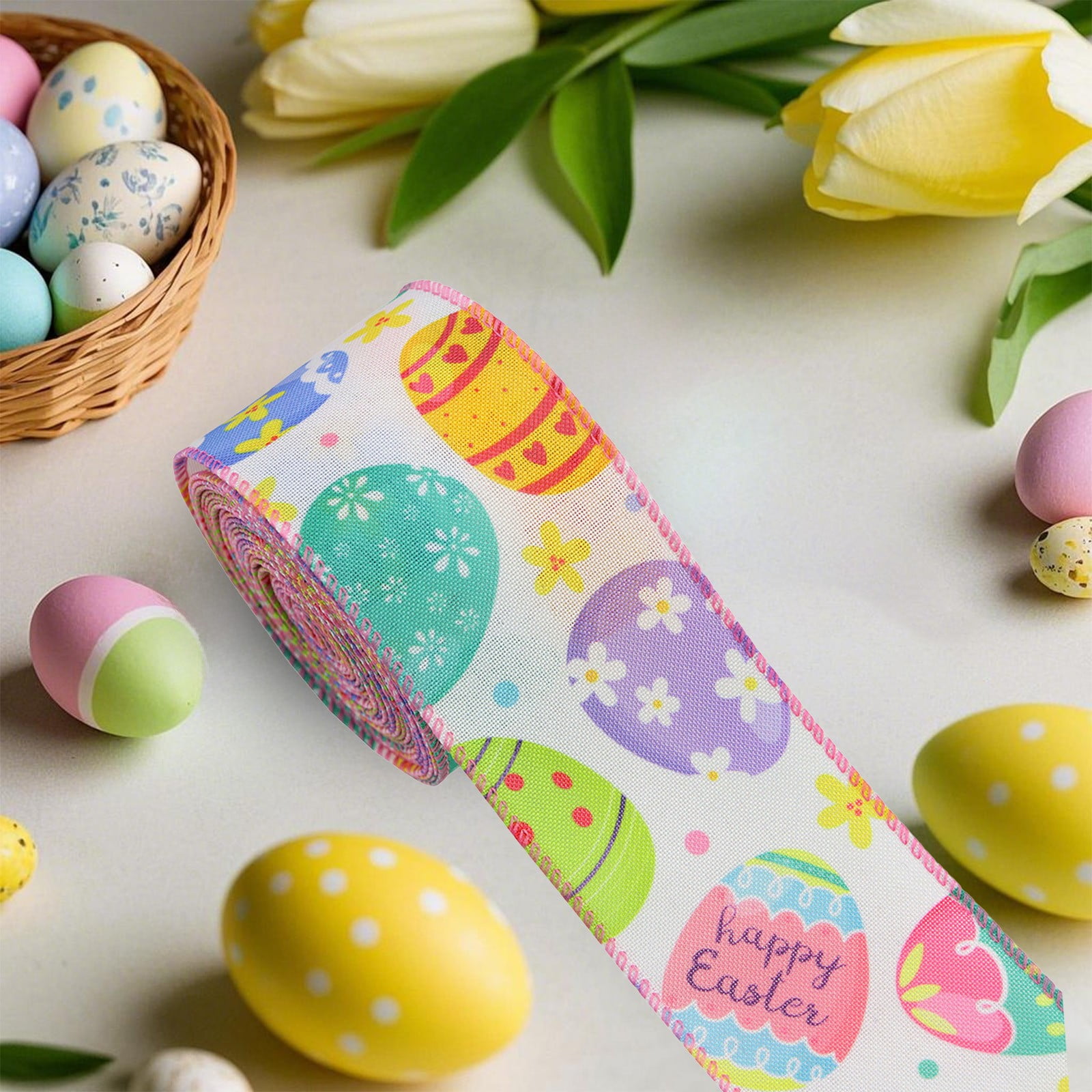 Ribbli 9 Rolls Easter Grosgrain Ribbon Set - Easter Eggs, Bunnies, Rainbows, Polka Dots, 3/8 Inch Wide, 135 Feet Total