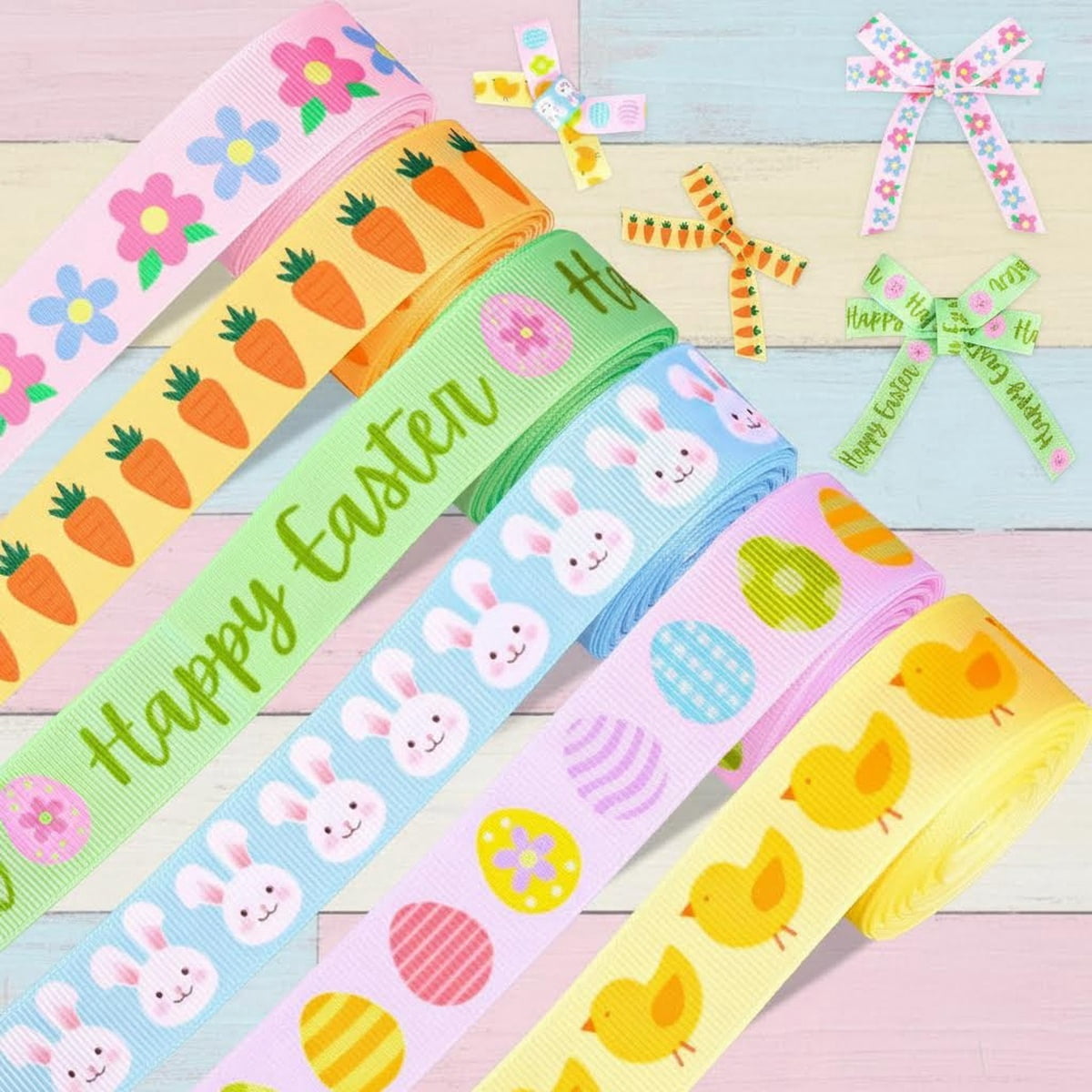 Easter Grosgrain Ribbons, Pastel Cartoon Floral Bunny Egg Fabric Craft ...