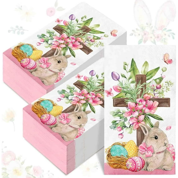 Easter Guest Napkins Watercolor Bunny Egg Cross Flowers Disposable Paper Napkins Spring Dinner Hand Napkins for Home Kitchen Bathroom Party Supplies
