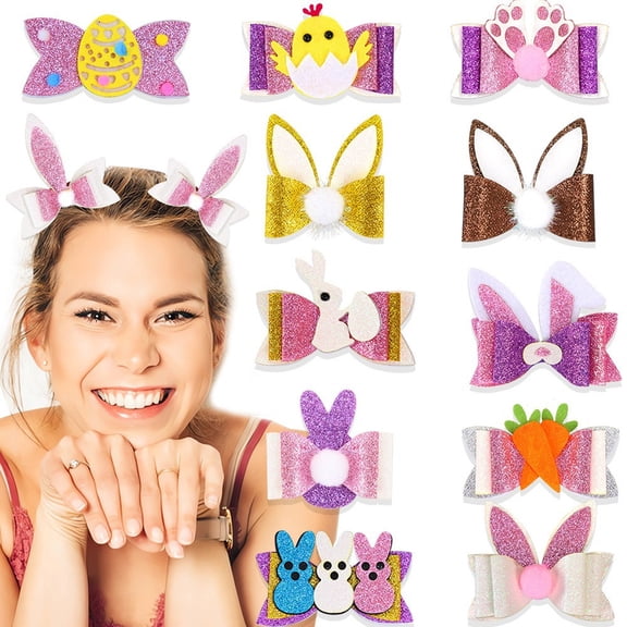 Easter Hair Clips Bow Hair Accessories Cute Rabbit Carrot Glitter Sparkly Hair Barrettes Holiday Hairpin Party Gifts for Her, 13 Pack