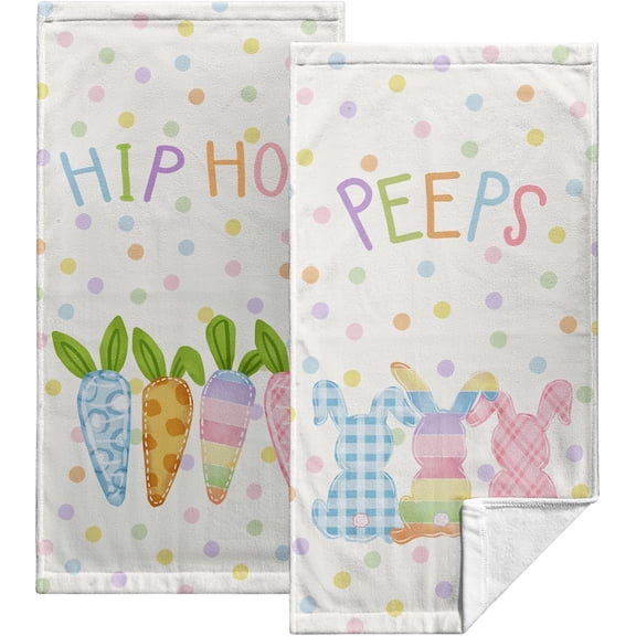 Easter Hand Bath Towels Colorful Polka Dots Carrot Bunny Kitchen Towels Spring Rabbits Peeps Fingertip Towels Dish Drying Towels 2 Pack 14.4x28.3 Farmhouse Hotel Bathroom Decor