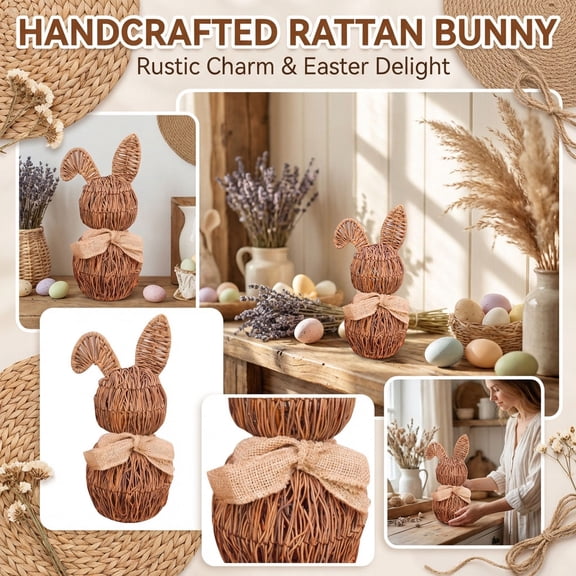 Easter Handcrafted Rattan Woven Bunny Ornament - Adorable Woven Straw Rabbit Figurine with Burlap Bow, Rustic Natural Texture Bunny Sculpture, Farmhouse Spring Easter Home Shelf Tabletop Decoration