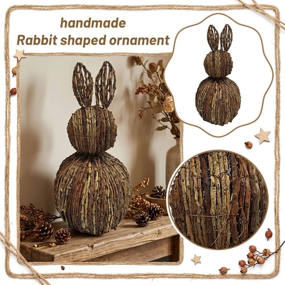 Easter Handcrafted Rattan Woven Bunny Ornament - Adorable Woven Straw Rabbit Figurine with Burlap Bow, Rustic Natural Texture Bunny Sculpture, Farmhouse Spring Easter Home Shelf Tabletop Decoration
