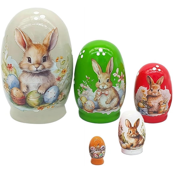 Easter Handmade Wooden Russian Nesting Dolls Set, Rabbit Bunny Figurines for Easter, Birthday Gifts, Spring Home Table Decorations, 5 Piece Matryoshka Animals