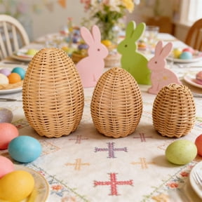 Easter Handmade Woven Rattan Egg Set 3pcs Rustic Decorative Wooden Eggs, Spring Tabletop or Garden Decor for Home, Easter Basket Fillers
