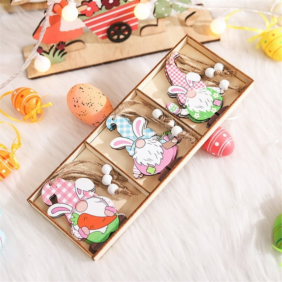Easter Hanging Ornaments,3 Styles Wooden Hanging Easter Decor with Car,Rabbit,Gnome Wall Decor for Farmhouse Home Decor Porch Front Door Wall Outdoor with Happy Easter Sign Party Gifts